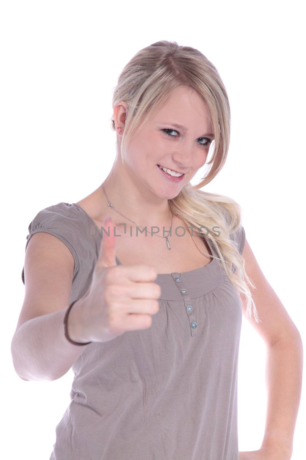 An attractive young woman making a positive gesture. All on white background.