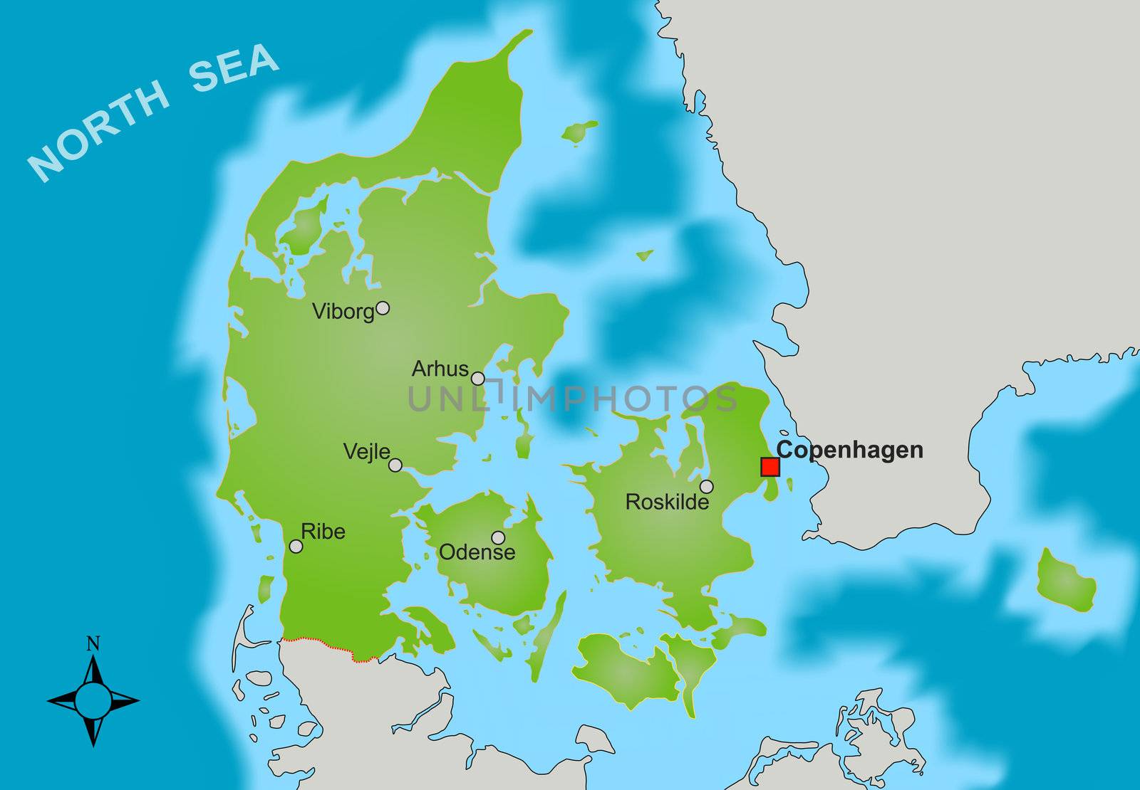 A stylized map of Denmark showing different big cities as well as nearby countries.