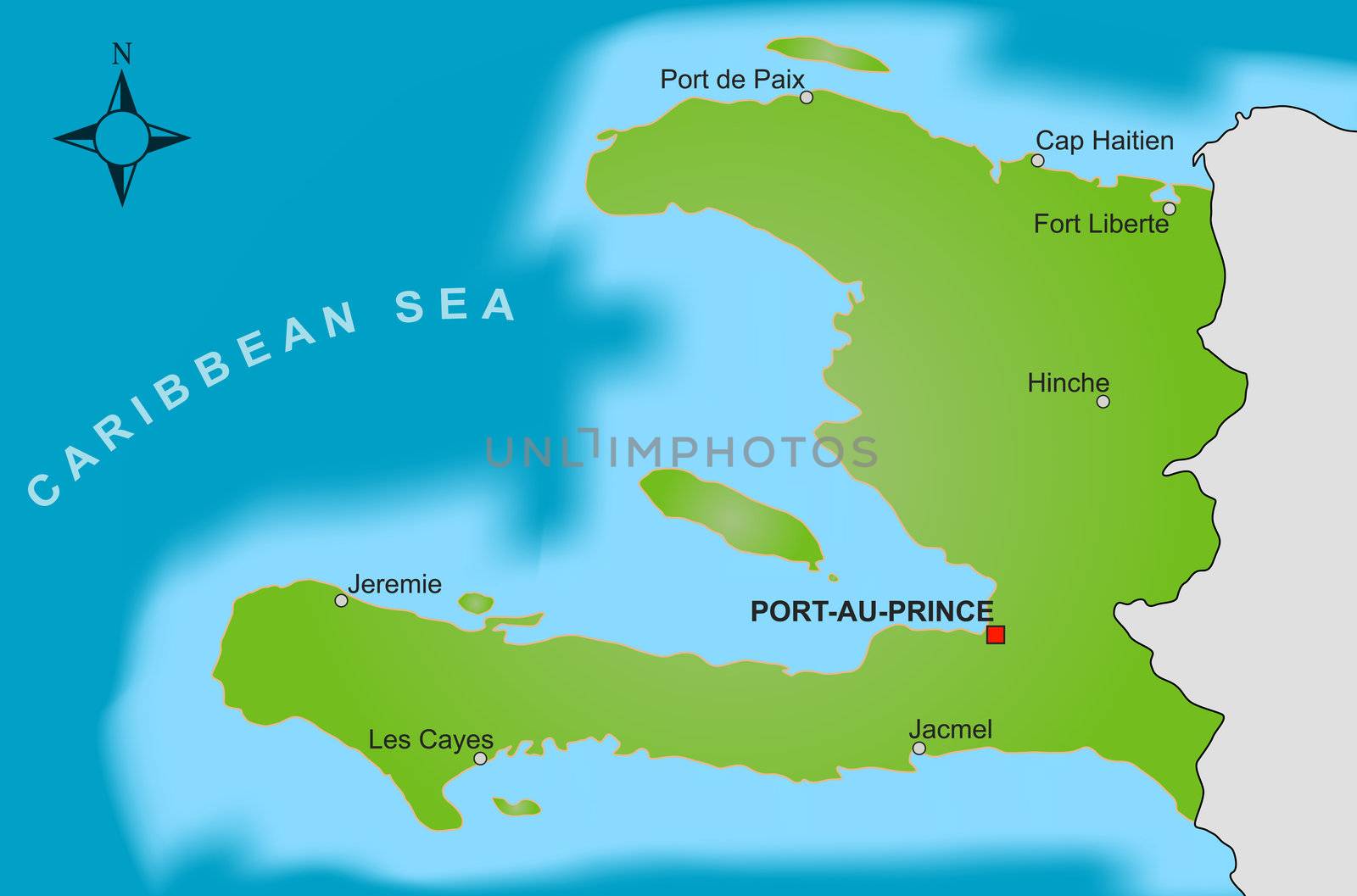 A stylized map of Haiti showing different big cities.