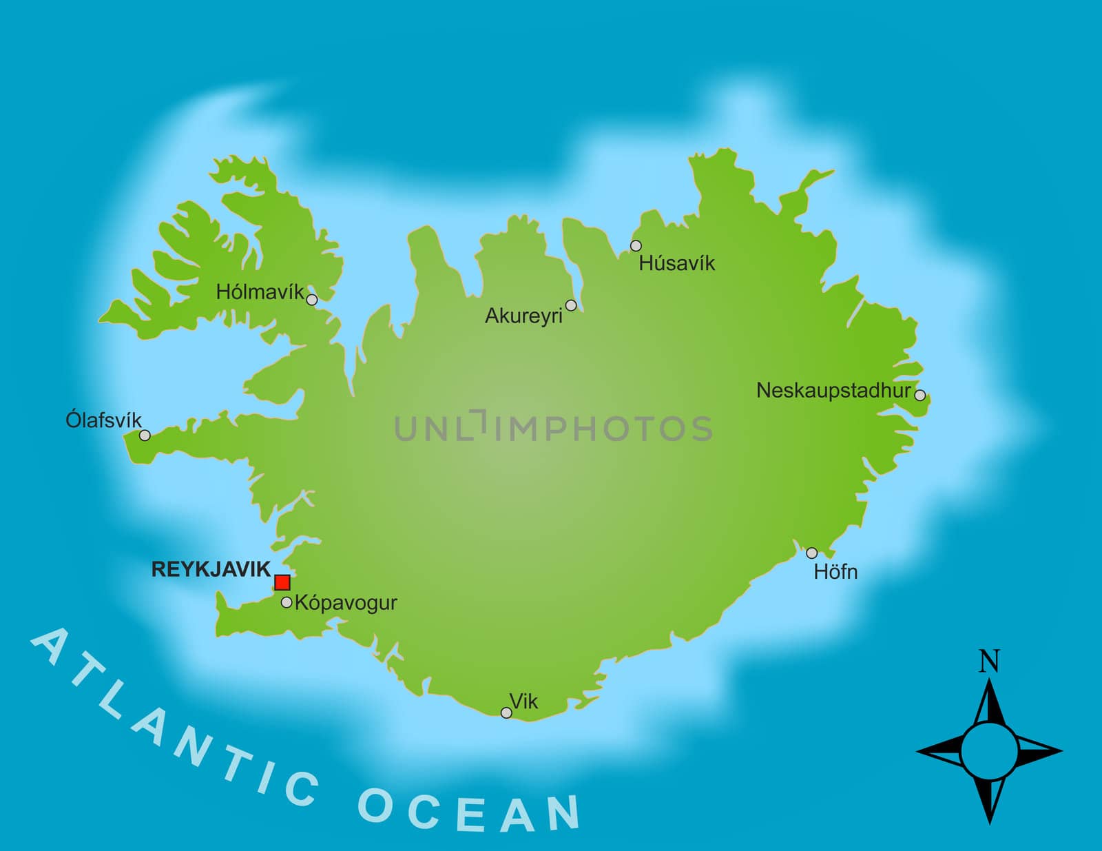 A stylized map of Iceland showing different big cities.