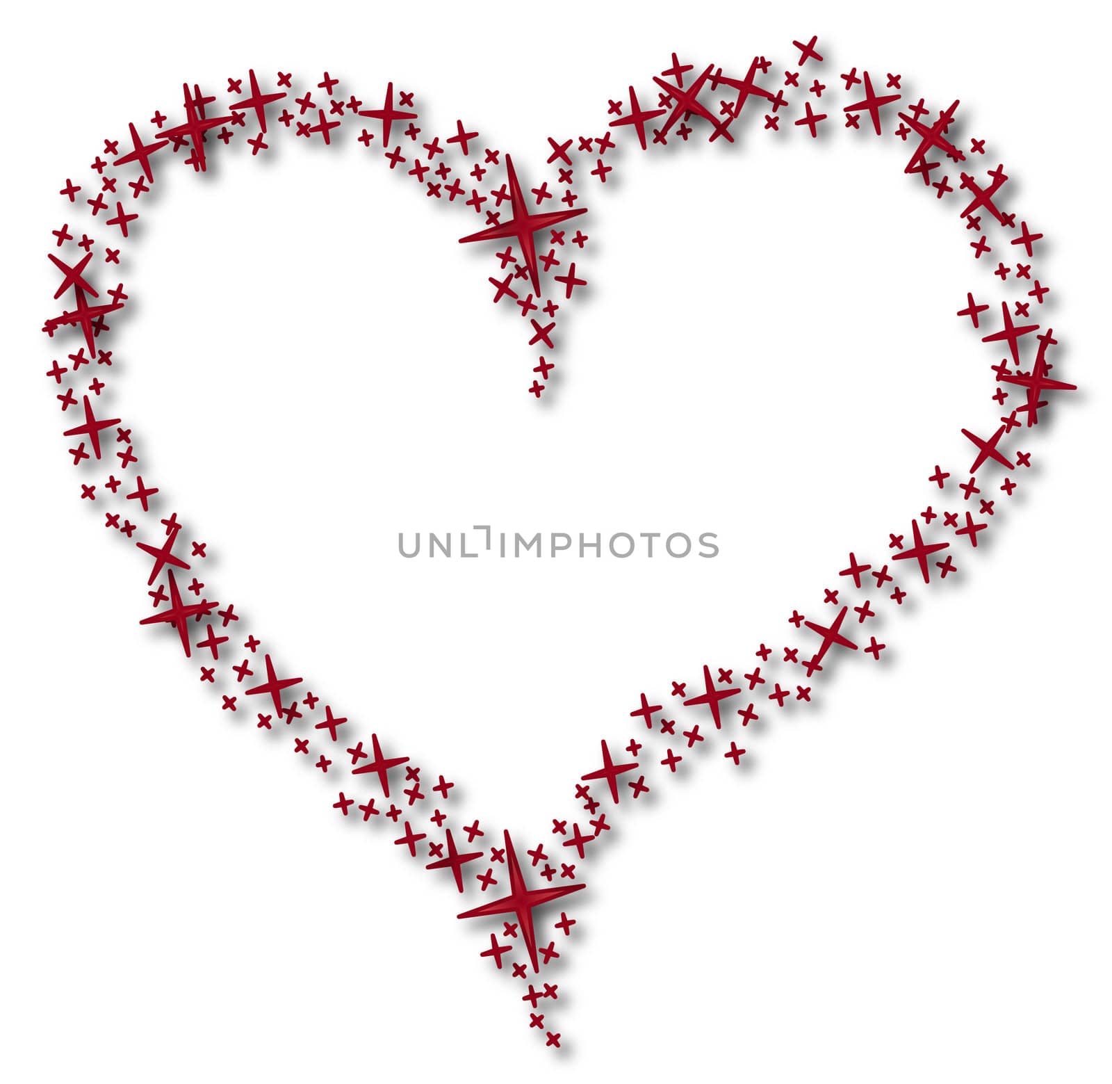 An illustrated heart out of a lot of little red stars. All on white background.