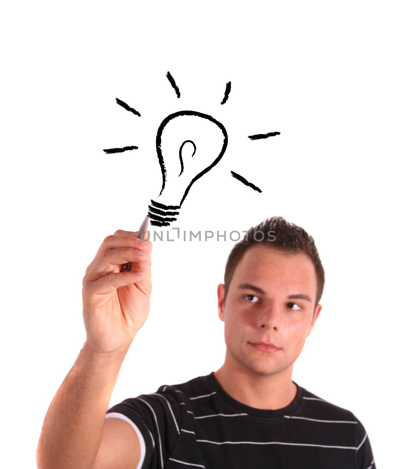 A handsome young man sketching a stylized light bulb. All on white background.