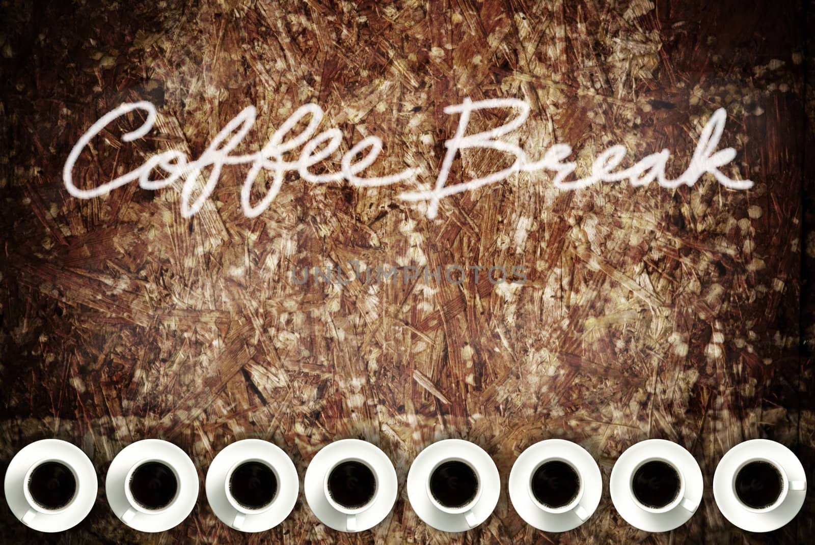 Coffee cup on grunge wood table, Coffee break concept 