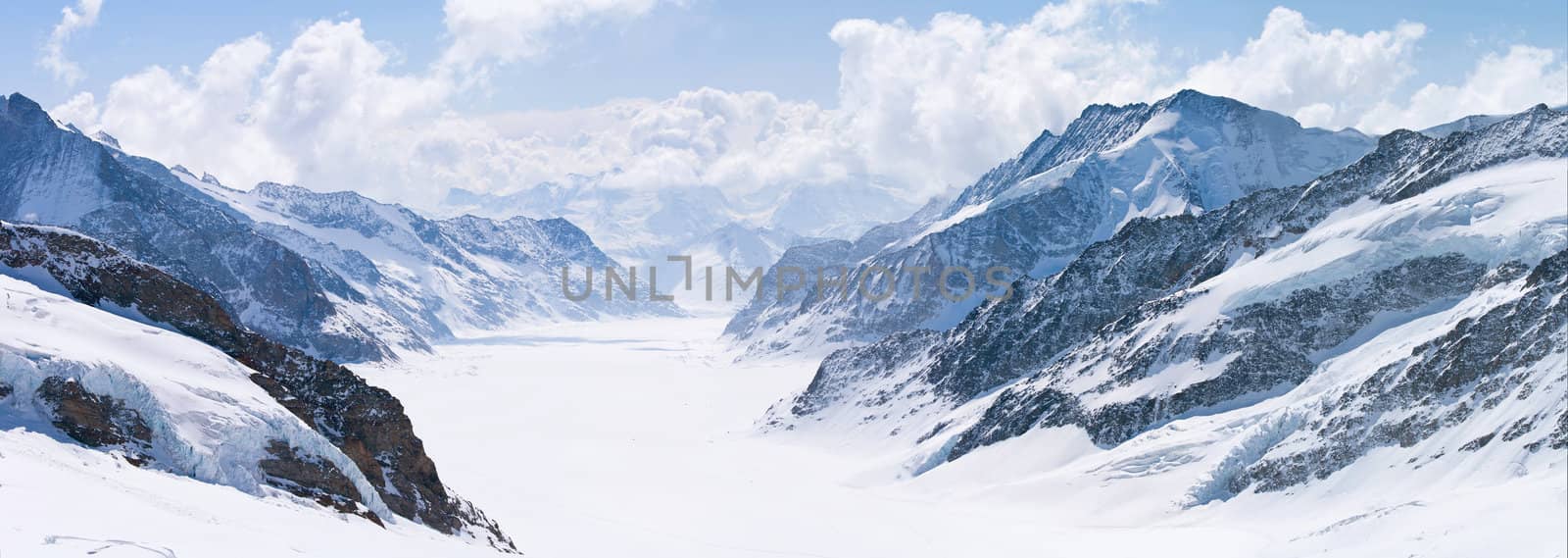Panorama Scenic of Great Aletsch Glacier Jungfrau region,Part of Swiss Alps Alpine Snow Mountain Landscape at Switzerland.