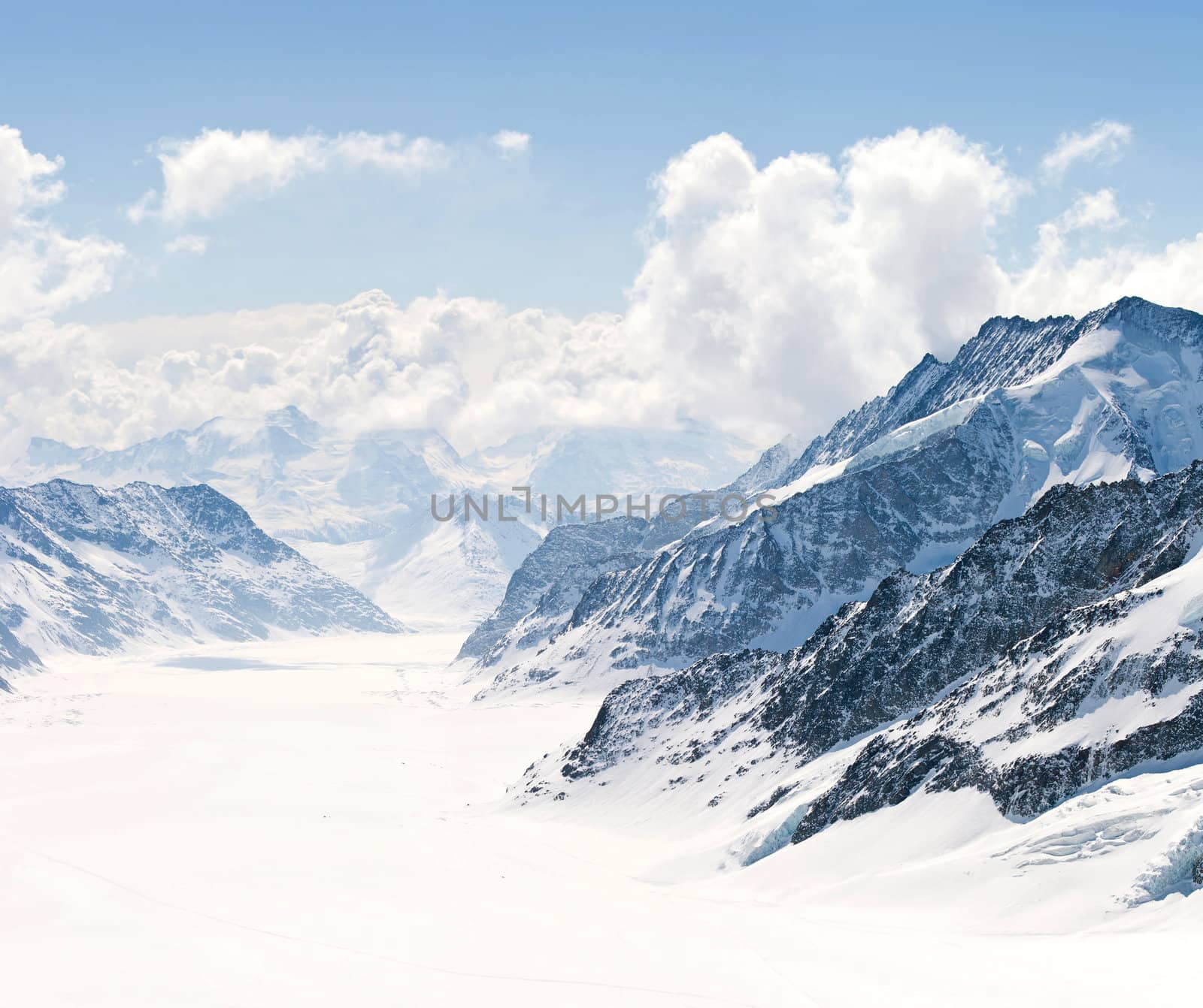 Panorama Scenic of Great Aletsch Glacier Jungfrau region,Part of Swiss Alps Alpine Snow Mountain Landscape at Switzerland.