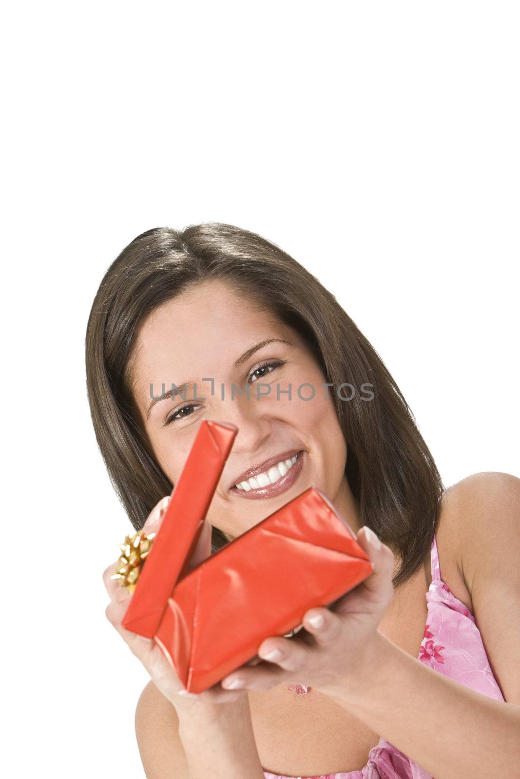 Happy young woman opening a red gift box.