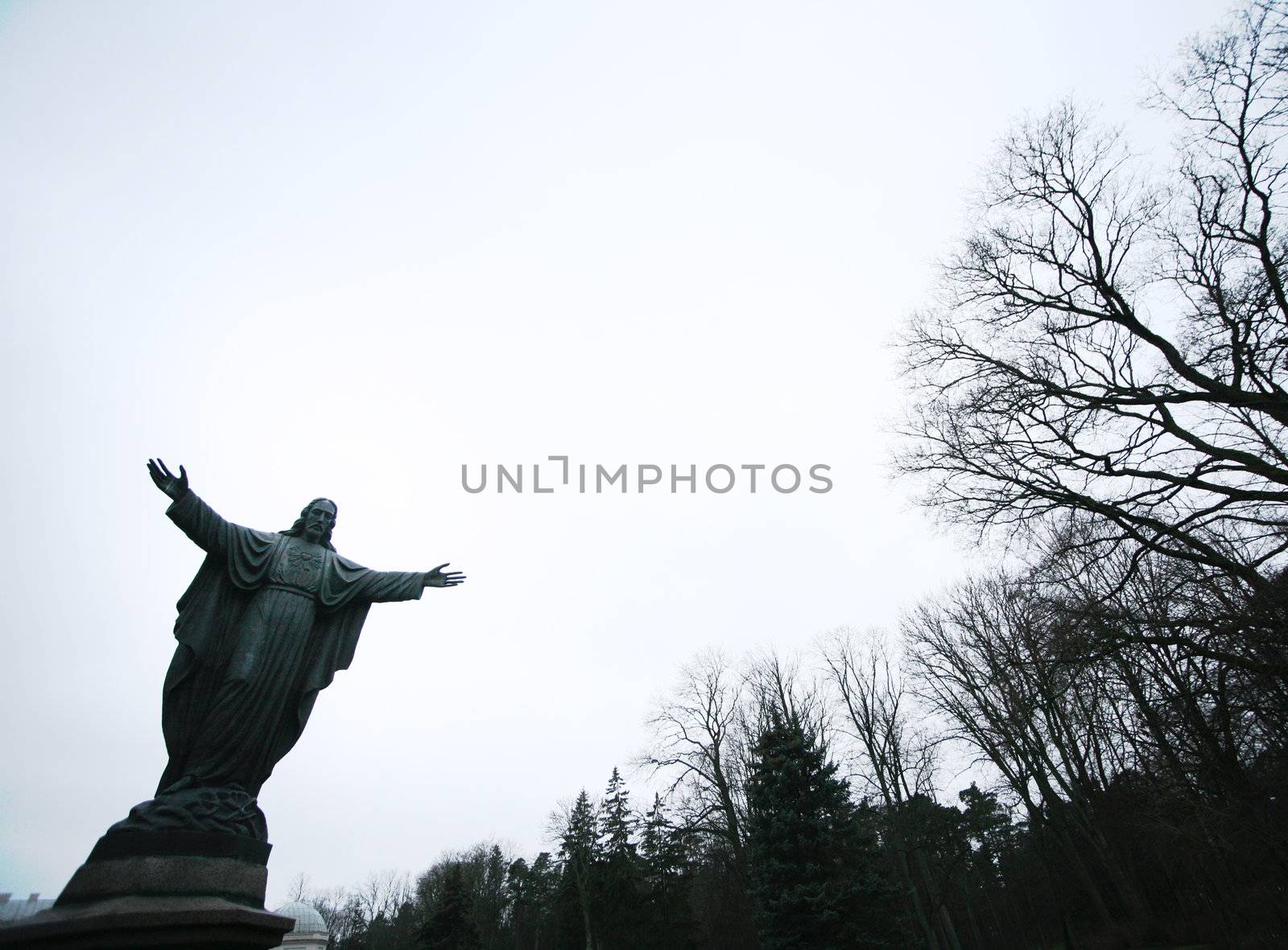 Jesus or God on a background of the sky and trees in park Palanga