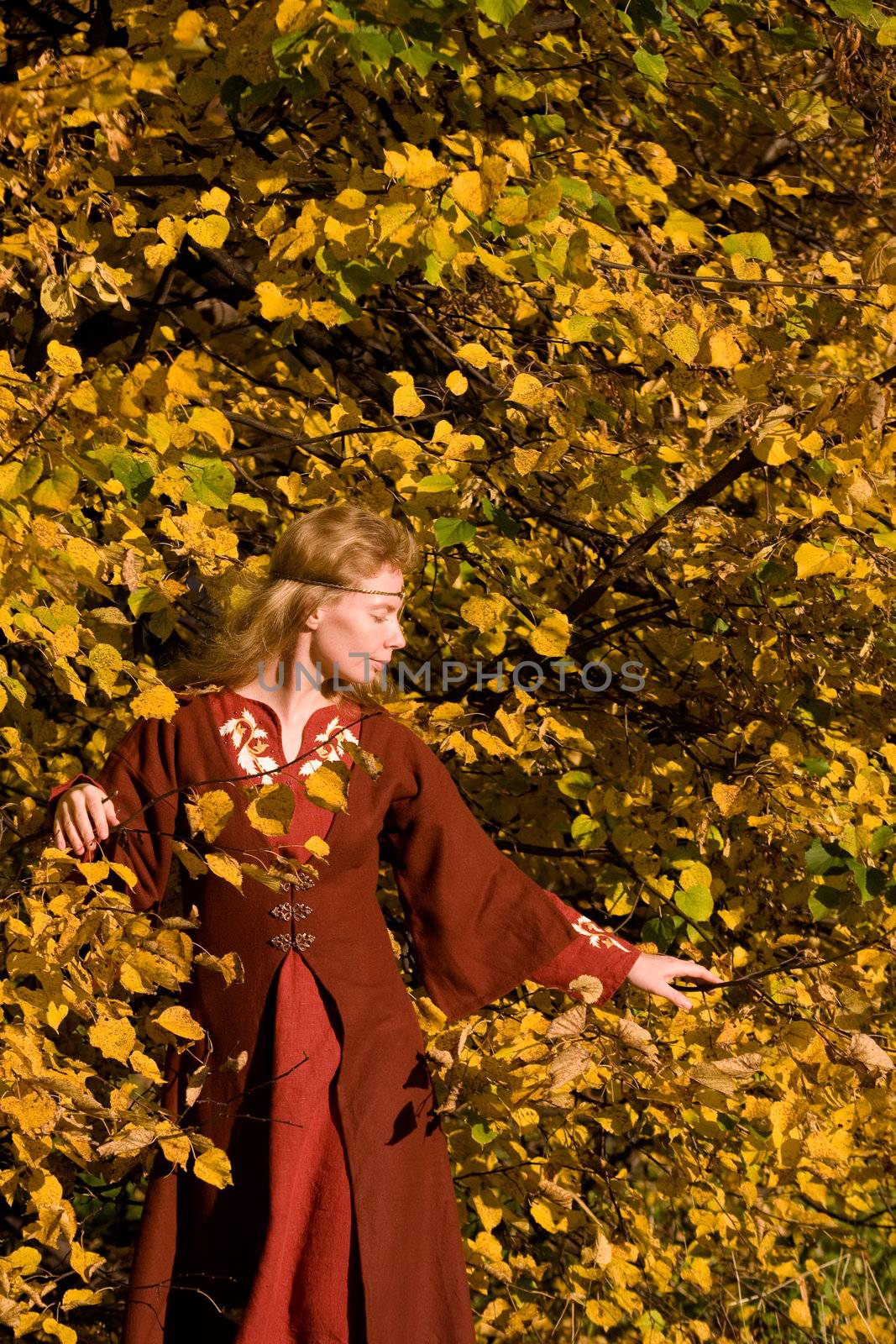 The blonde girl in medieval red dress in the autumn forest
