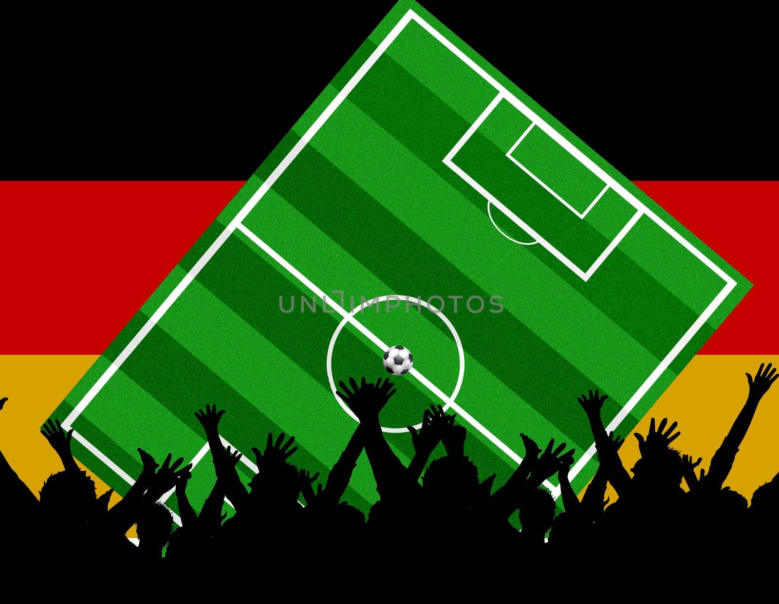 soccerfield and cheering audience with national flag