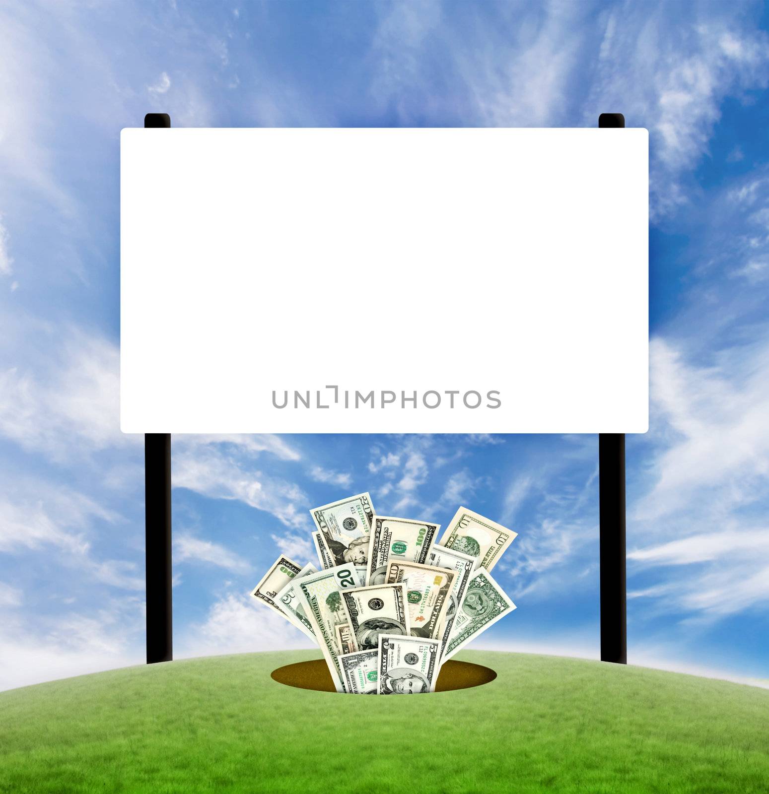 Billboard blank sign with dollars coming from the ground by domencolja