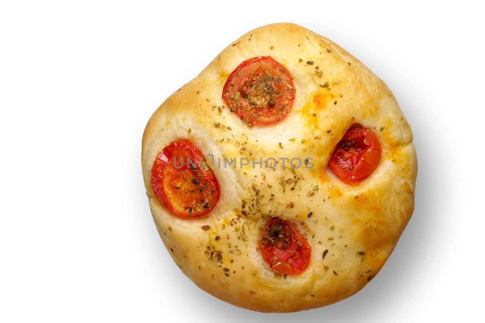 Bread: focaccia with cherry tomatoes w/ clipping path by Laborer