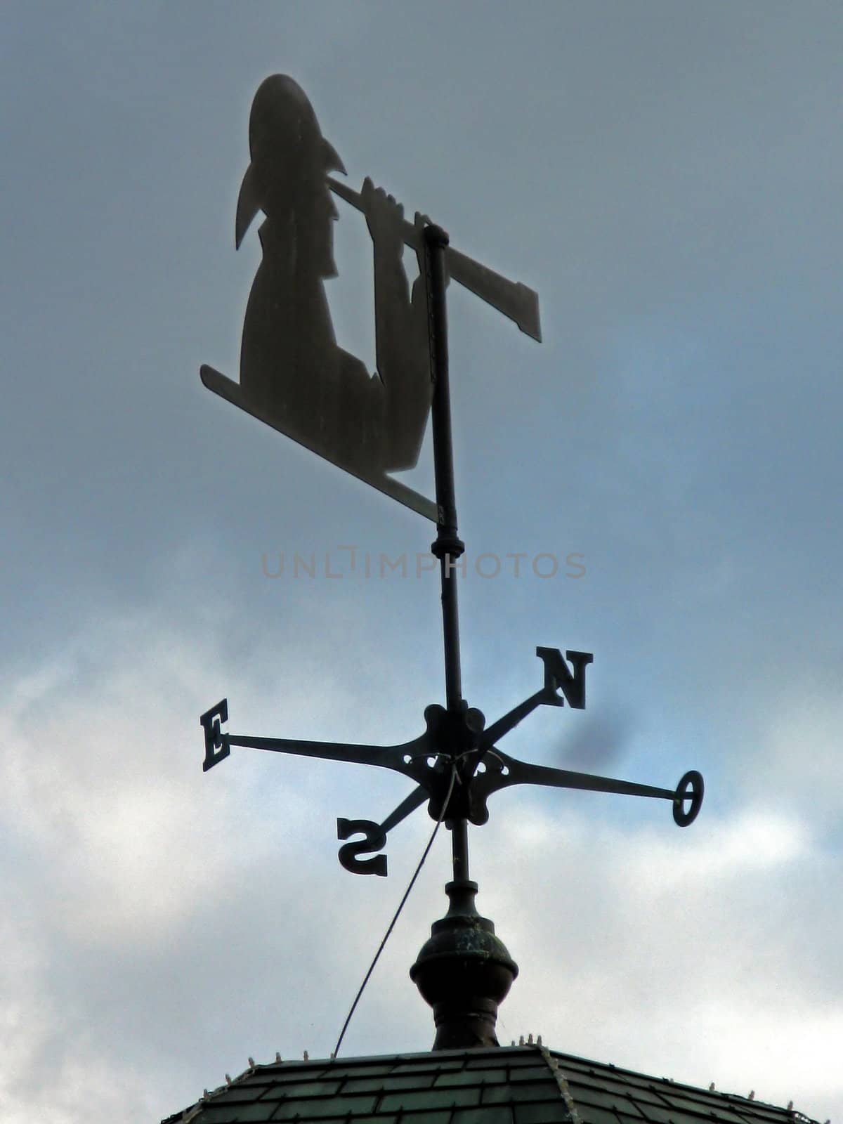 A weather vane with person looking through a telescope.