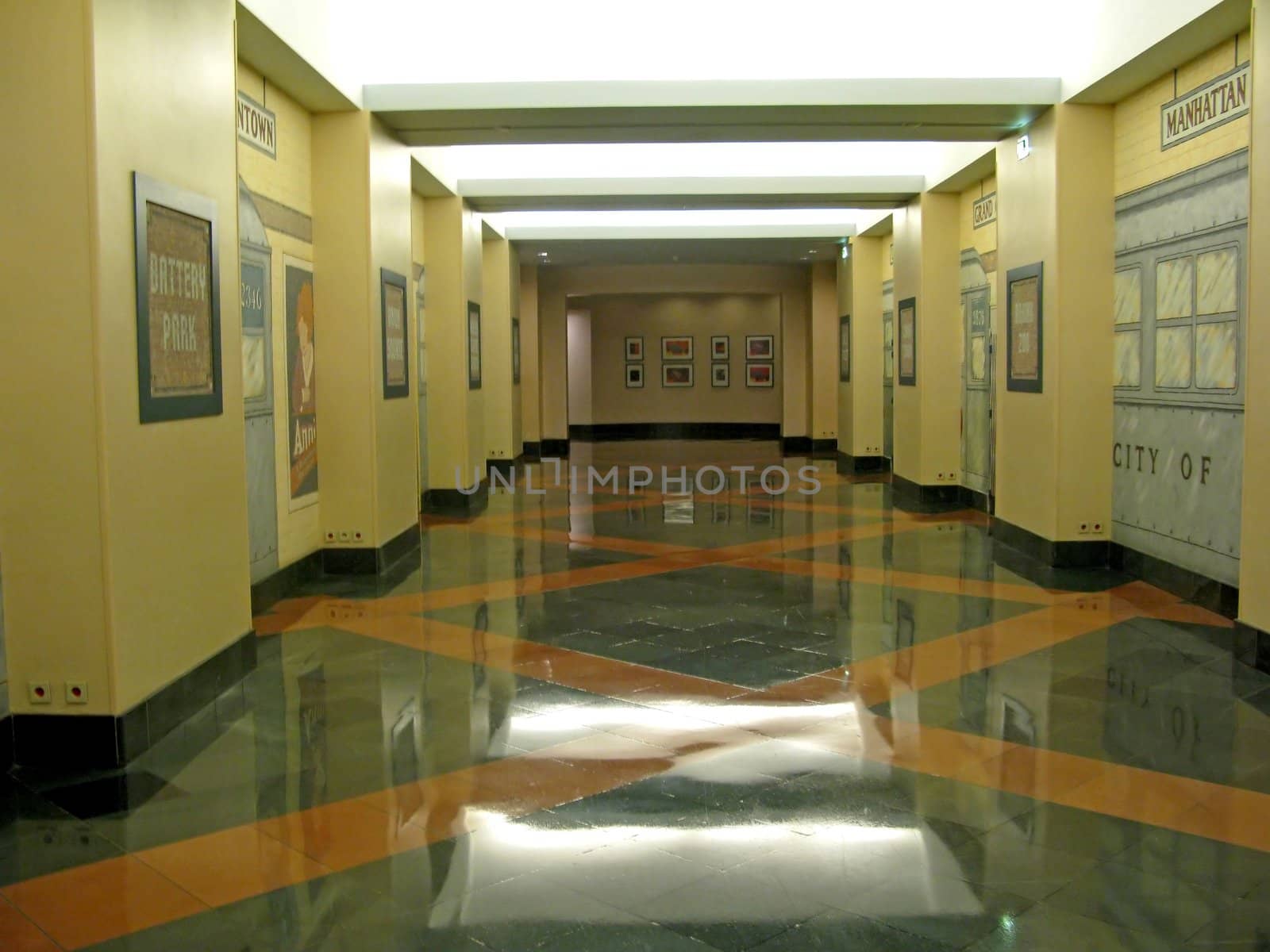 A look down a long hotel corridor