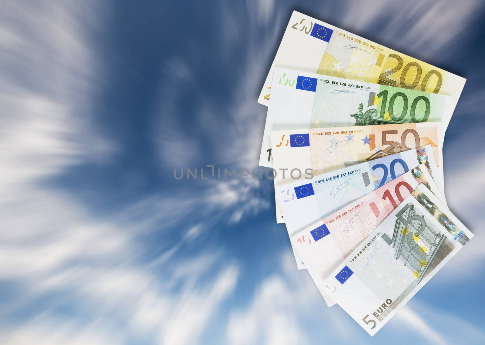 Shot of an assortment of Euro currency banknotes: 200, 100, 50, 20, 10, 5.

Studio shot.