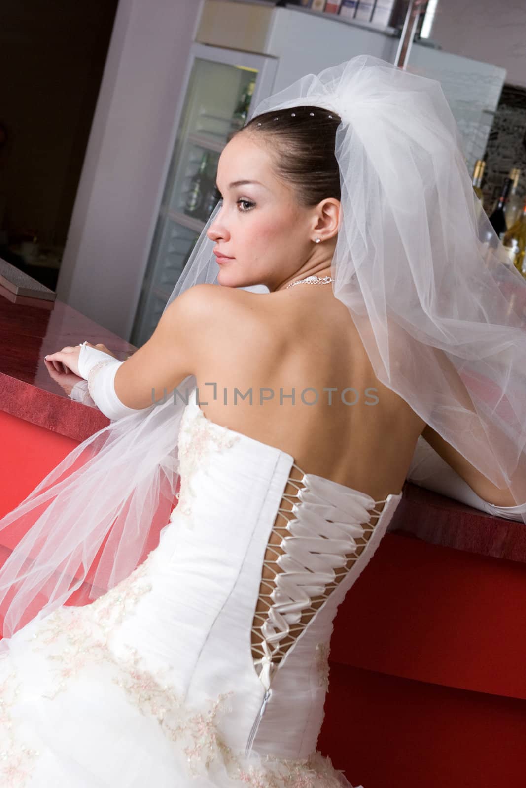 a beautiful bride at a rack of a bar