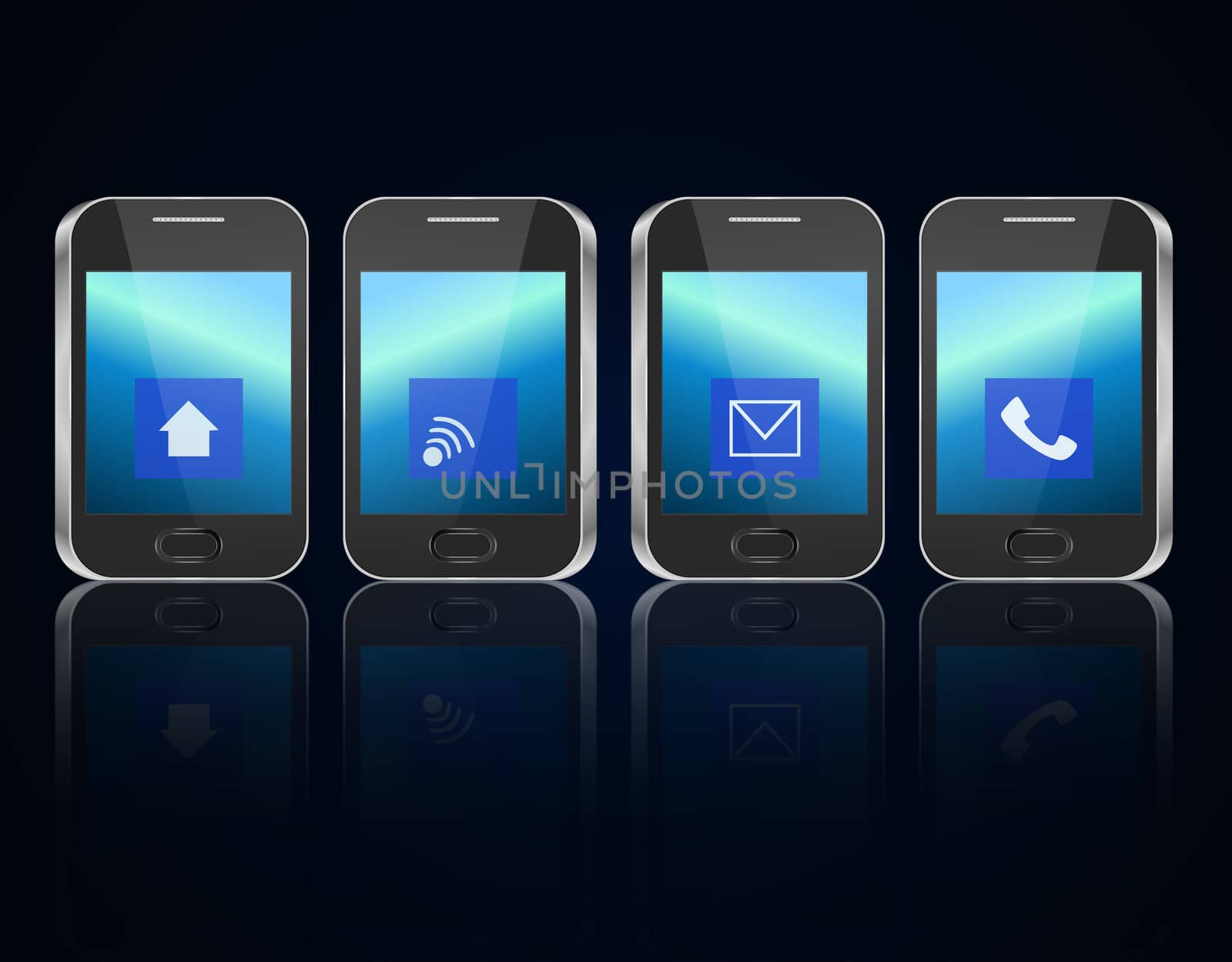 Illustration depicting four illuminated communication devices with various icon displays arranged horizontally over dark blue background and reflecting into the foreground.