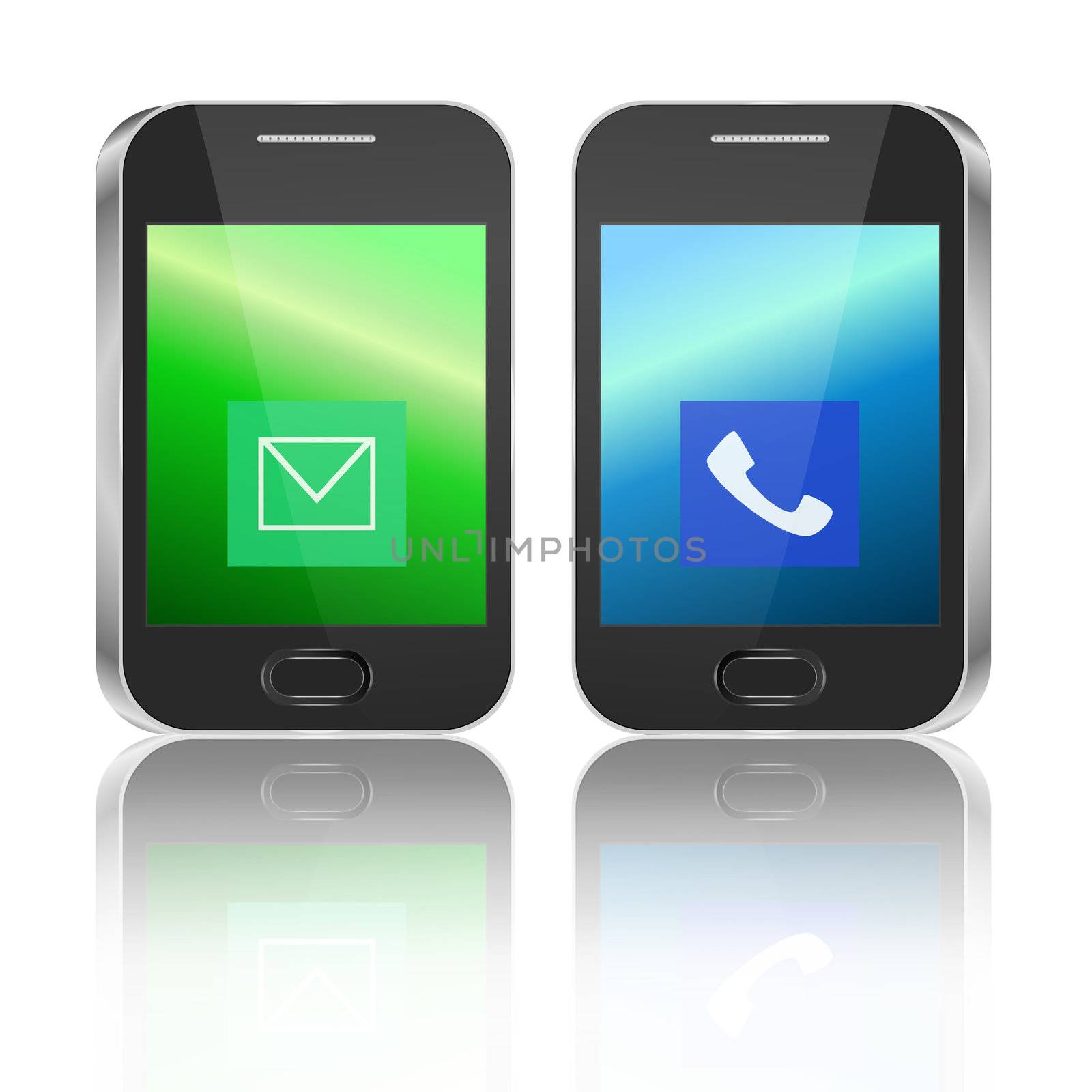 Illustration depicting two illuminated communication devices with various icon displays arranged horizontally over white background and reflecting into the foreground.