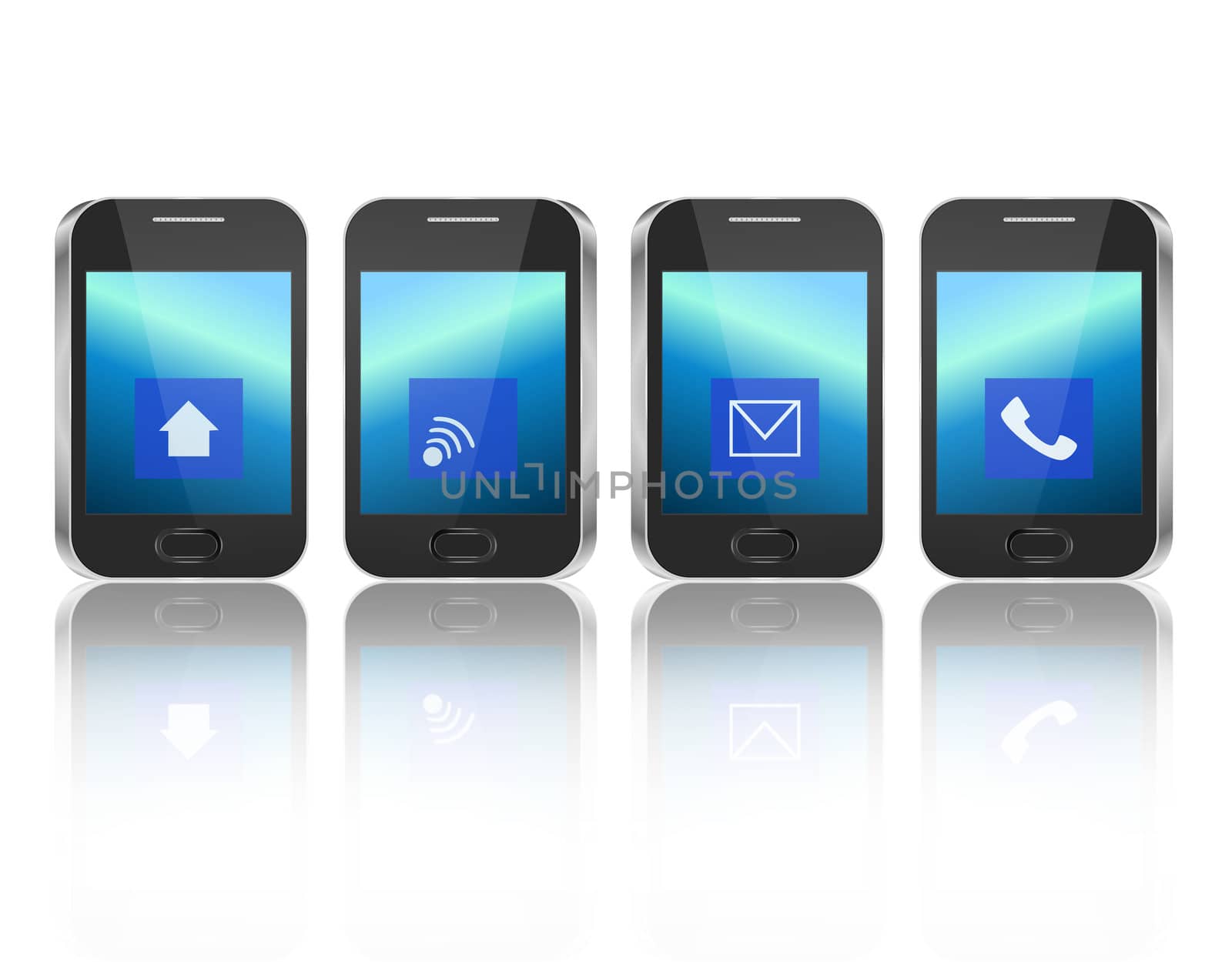 Illustration depicting four illuminated communication devices with various icon displays arranged horizontally over white background and reflecting into the foreground.