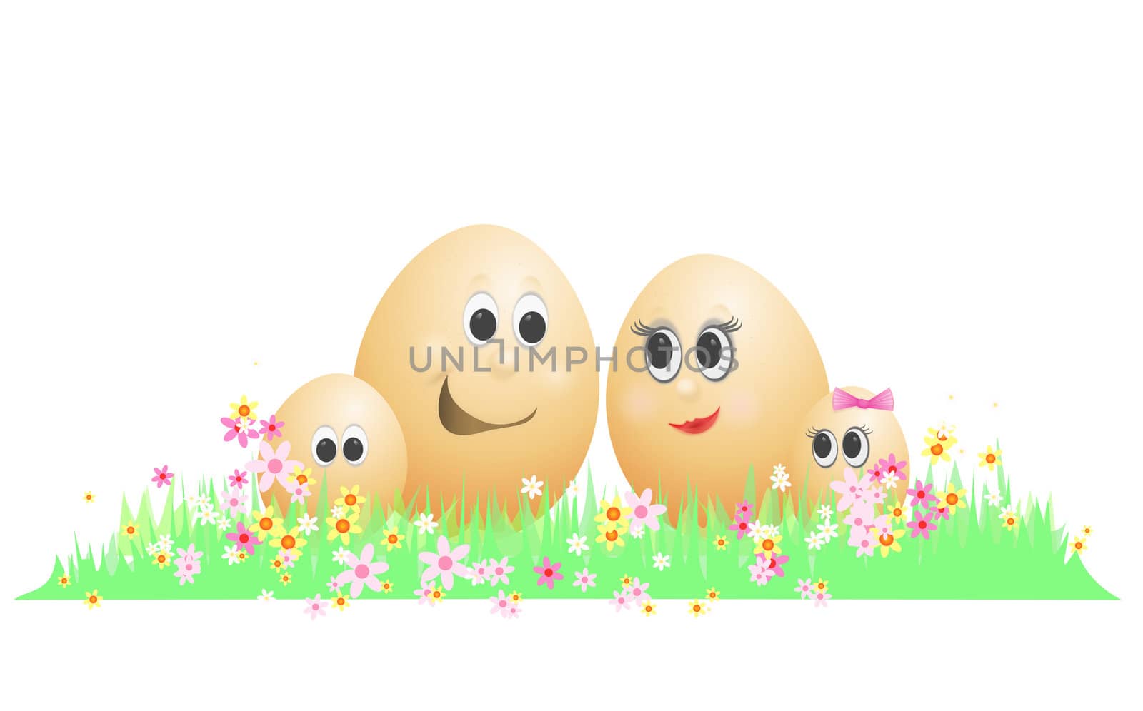 Illustration depicting a charicature egg family in a floral setting with white background.
