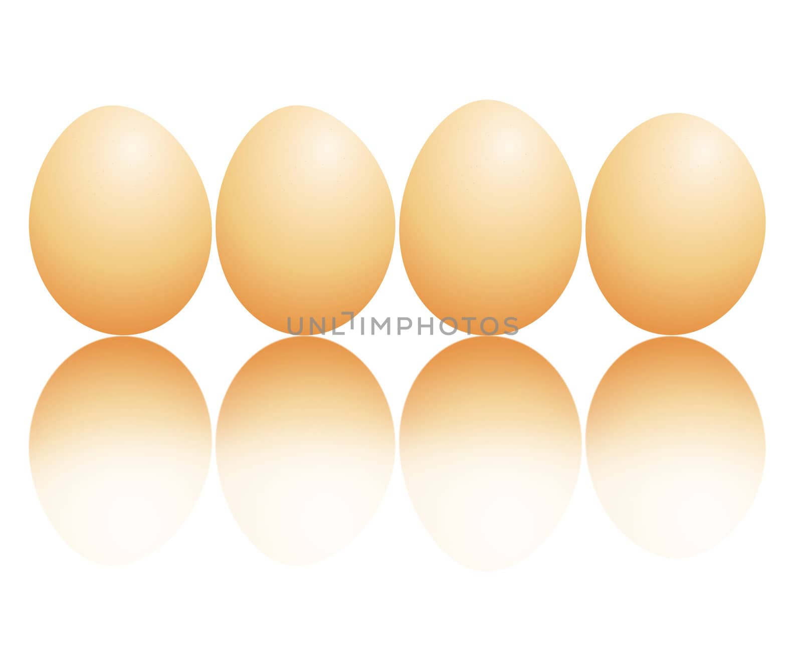Illustration depicting a horizontal line of fresh brown eggs arranged over white and reflecting into the foreground.
