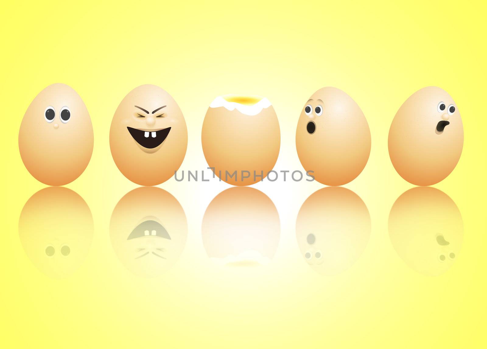 illustration depicting a row of brown eggs with painted faces arranged over yellow and reflecting into the foreground.