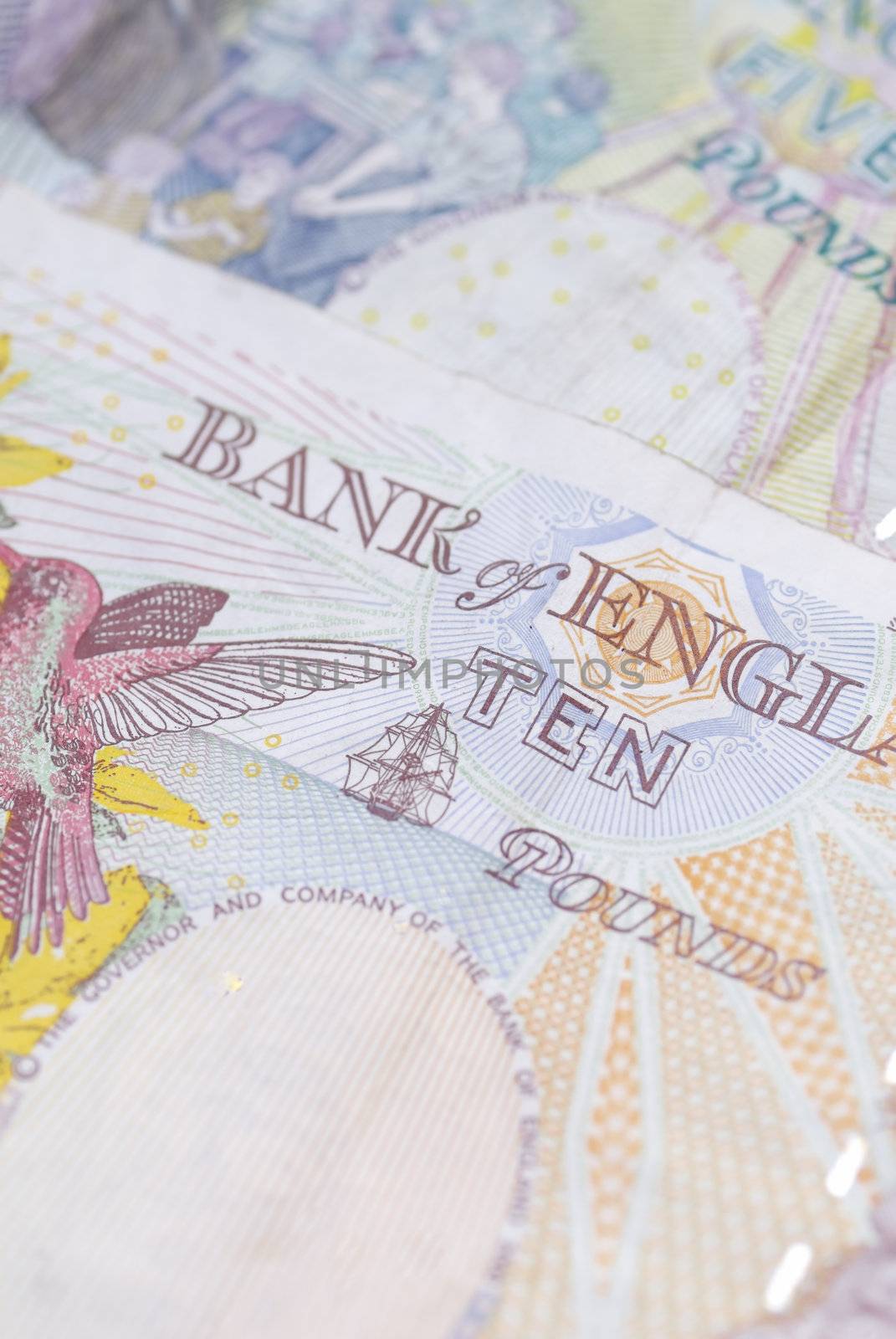 Macro image of English bank notes. Focus on �10 note.