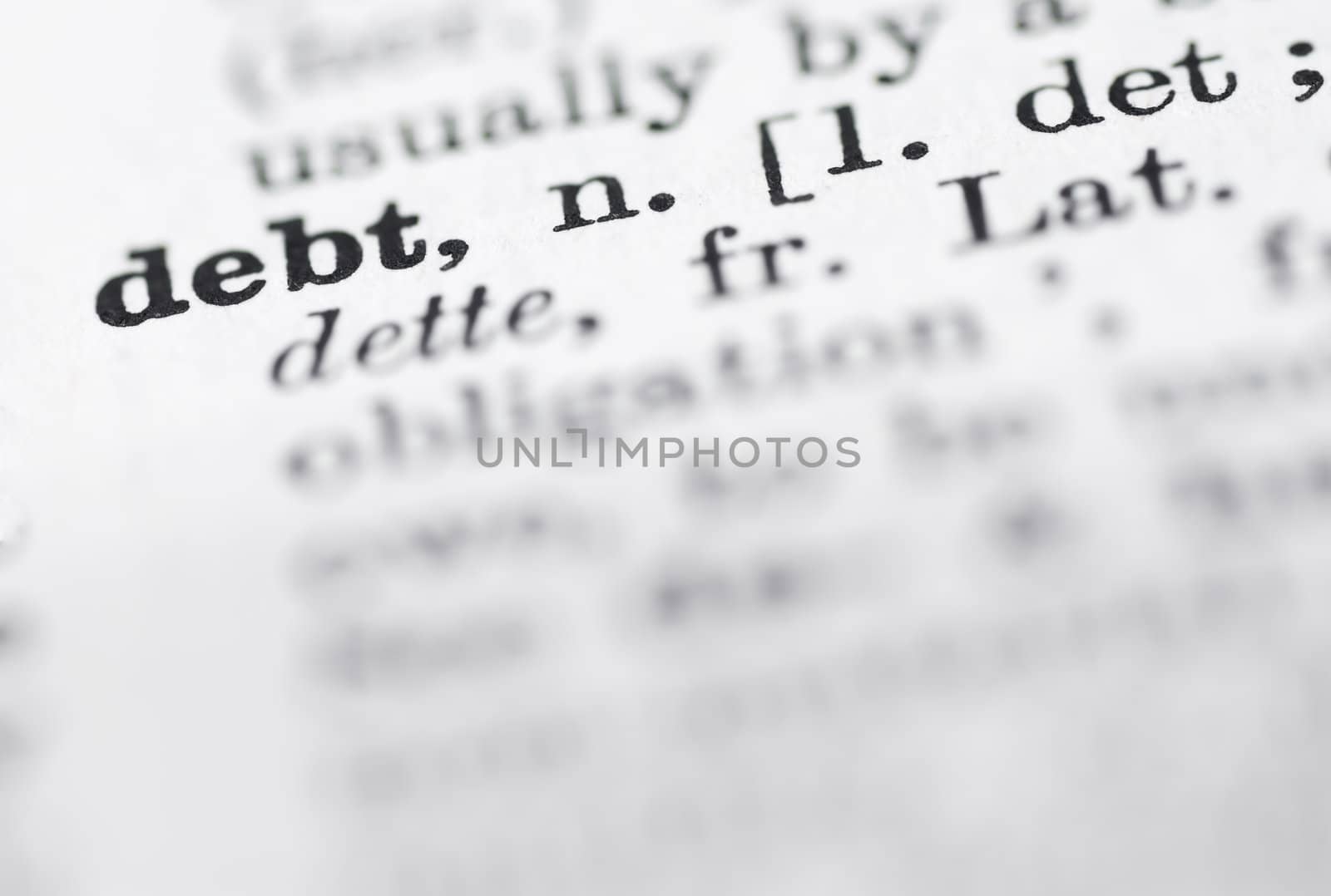 Shallow DOF, focus on debt in English dictionary.