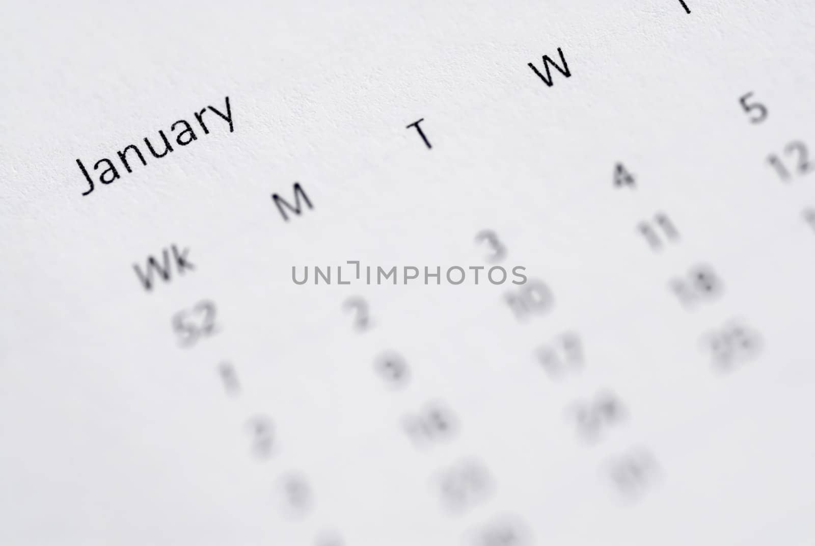 Focus on January, month view of diary.