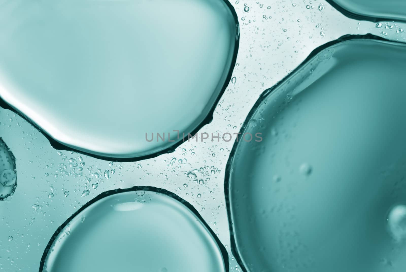 Macro image of large olive oil droplets. Copyspace top left droplet.