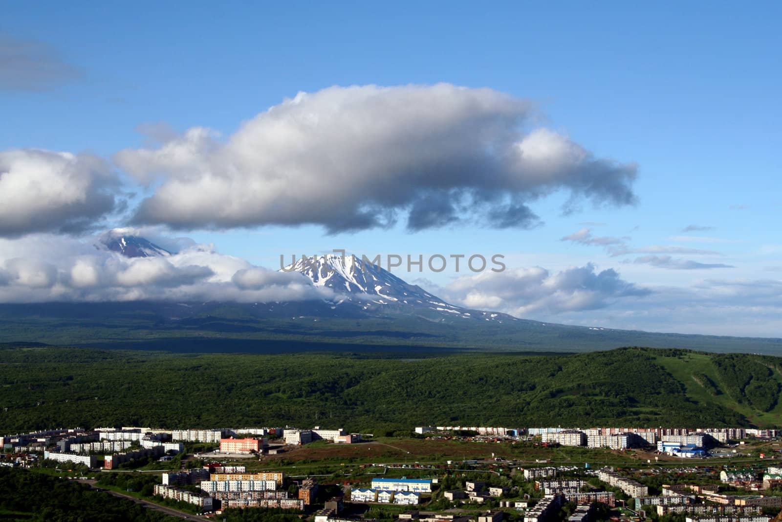 Landscape of city Petropavlovsk and  vulcanos.