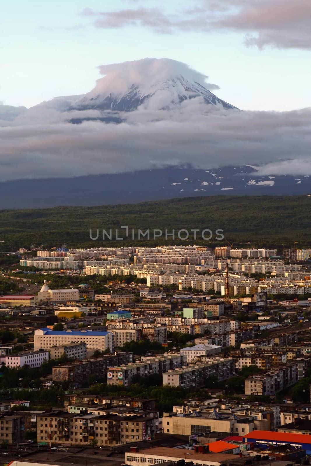 City Petropavlovsk and vulcano Kozelskiy. Kamchatka. Russia.