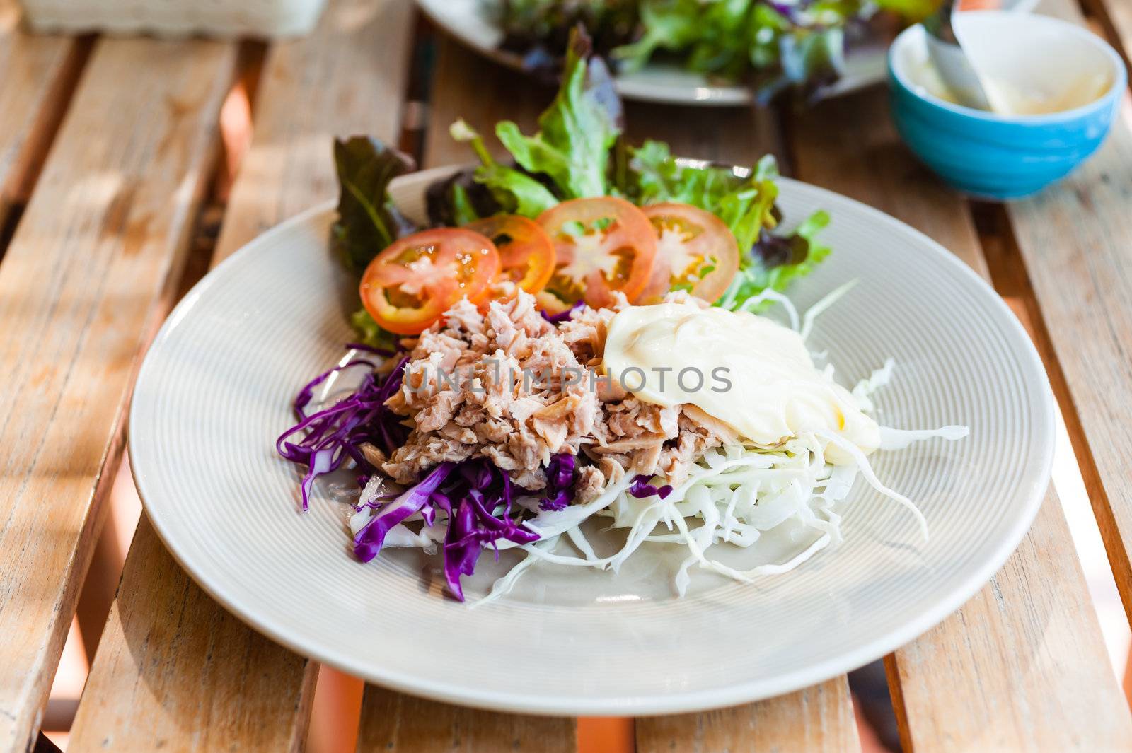 tuna with sliced cabbage salad on dish on wood table
