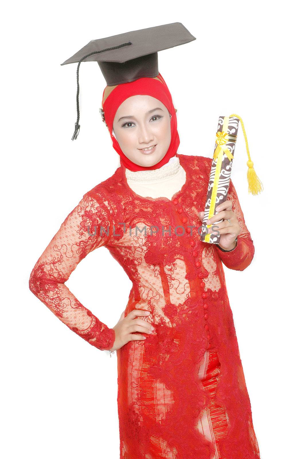 portrait of an asian young girl  holds a diploma of graduation isolated on white background
