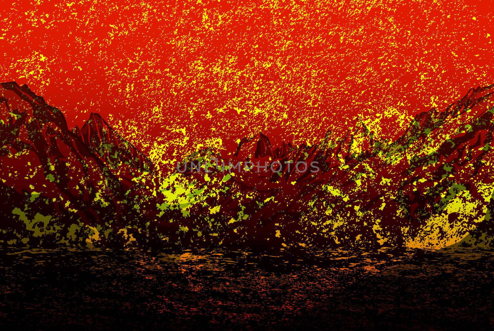 Eruption of the volcano.Landscape.Abstract dark background