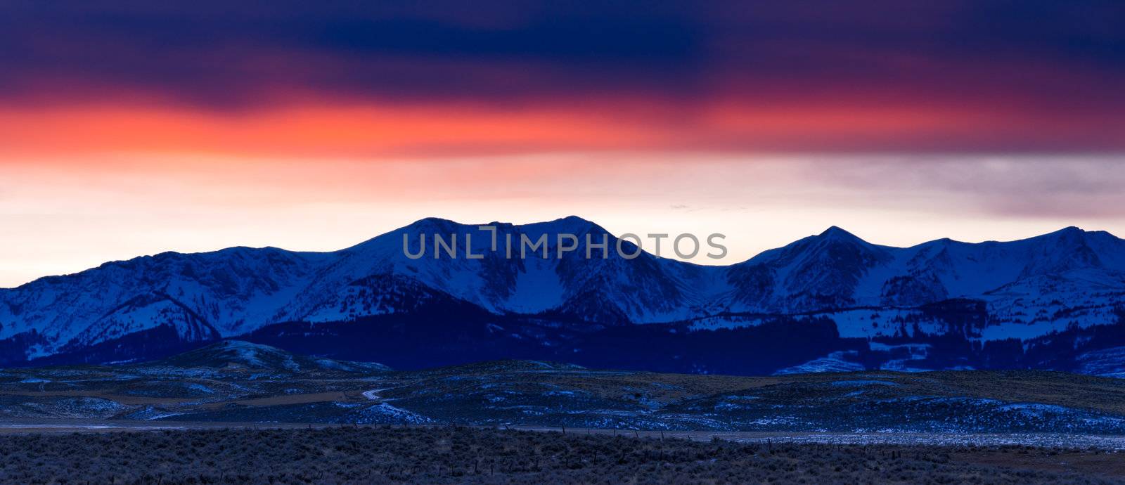 The Bridger Mountains at sunset in winter, Gallatin County, Montana, USA