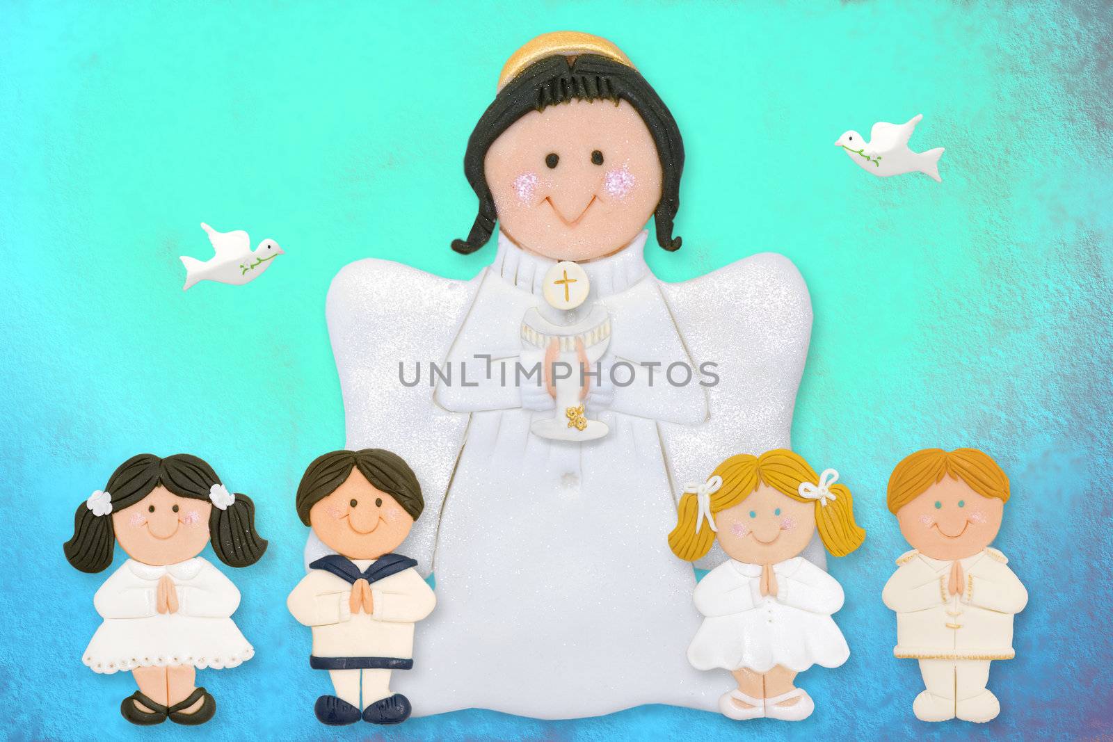 cheerful first communion card, angel with children of sugar on colorful background