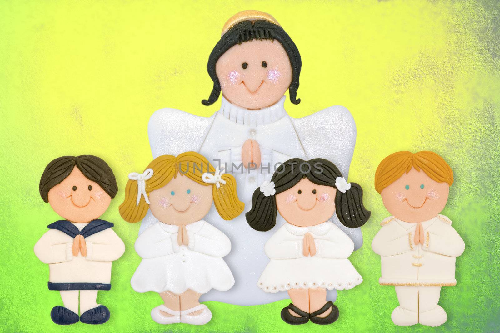 cheerful first communion card, funny children with angel by Carche