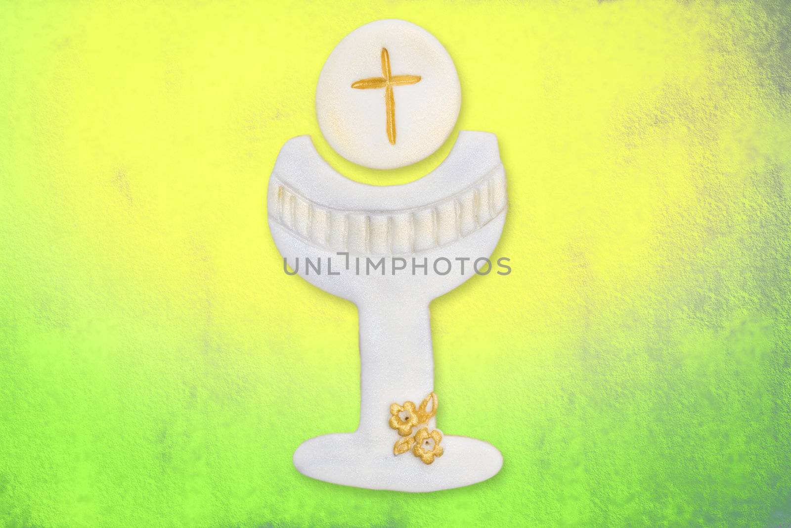 chalice and wafer cute first communion, on colorful background