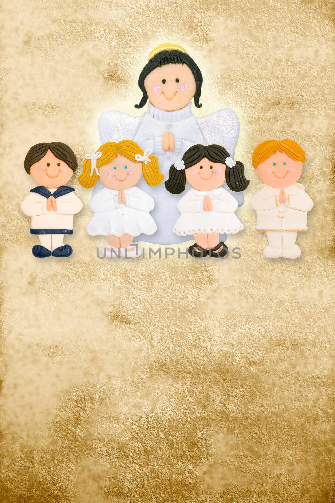 first communion card vertical, angel with a group of children by Carche