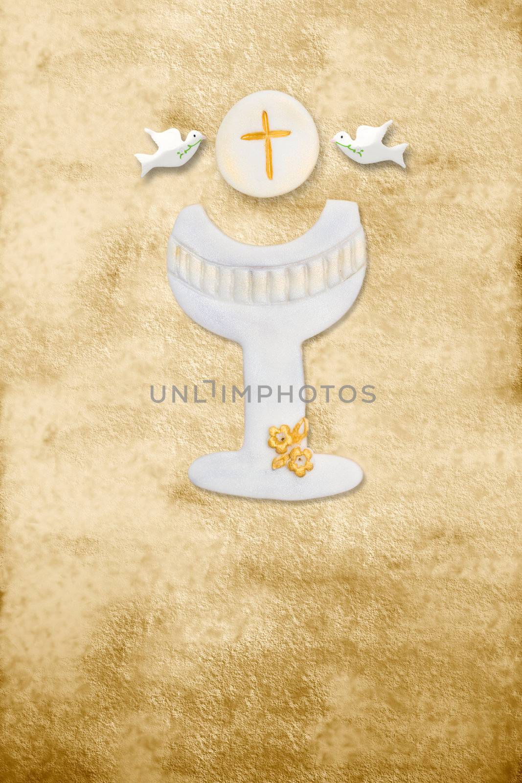 first communion card, chalice, wafer and pigeons, parchment background