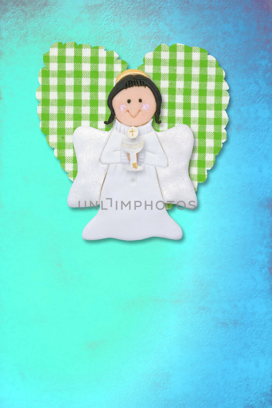 cheerful first communion card, angel and heart by Carche