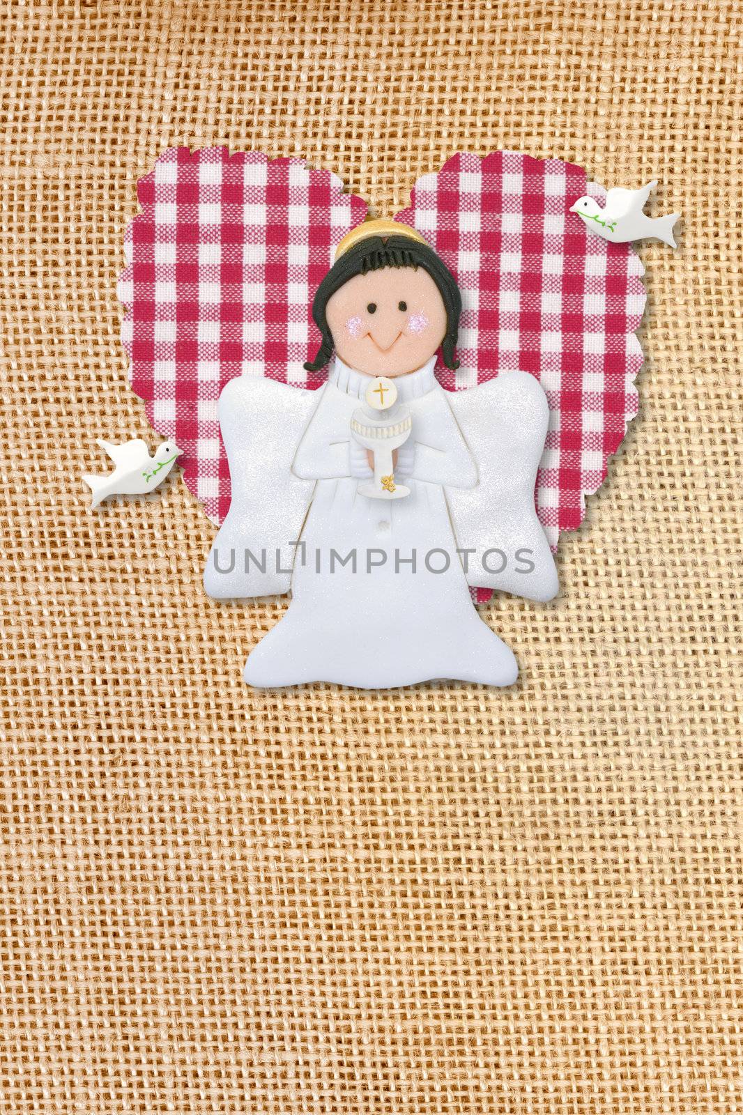 cheerful first communion card, angel in burlap background