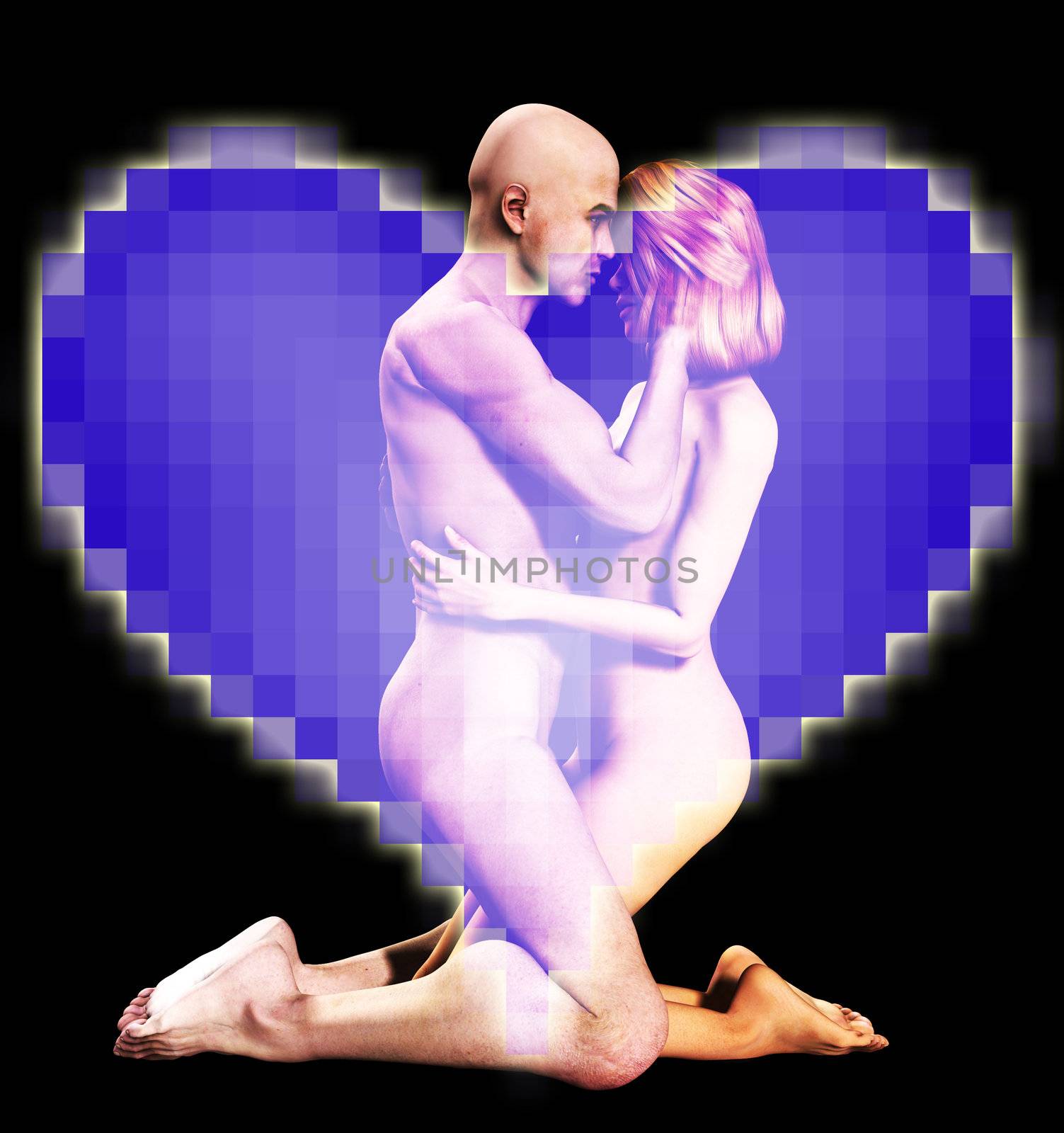 Nude man and women in a loving pose. 