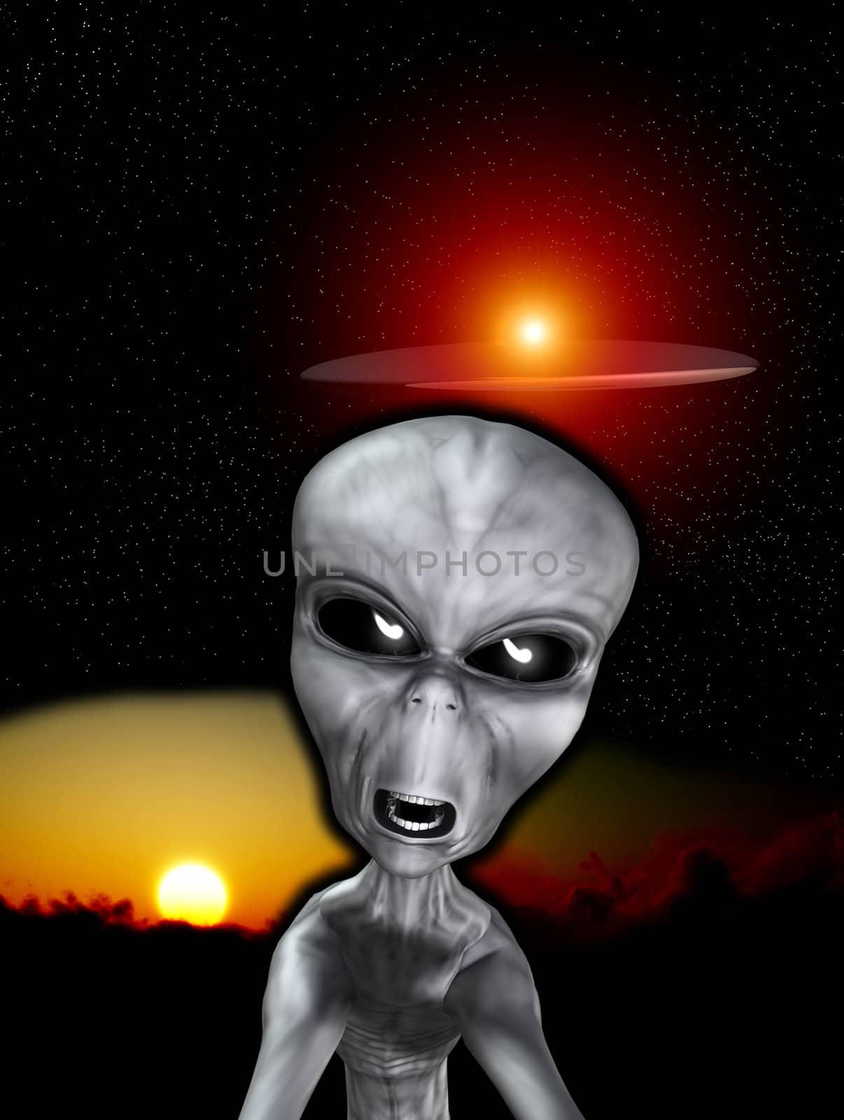 Angry looking alien lifeform with a UFO in the background.