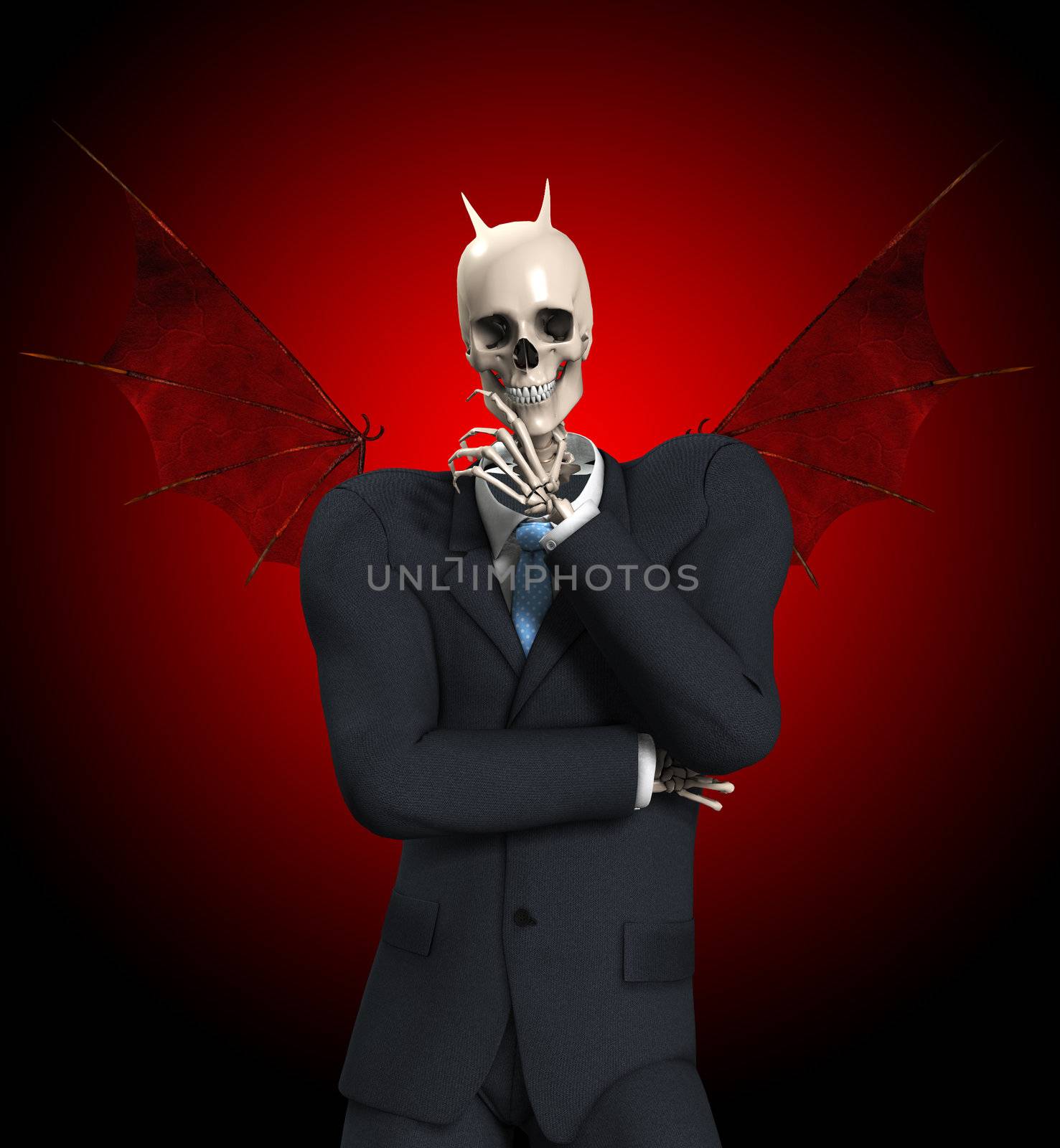 A very evil looking devil skeleton businessmen.