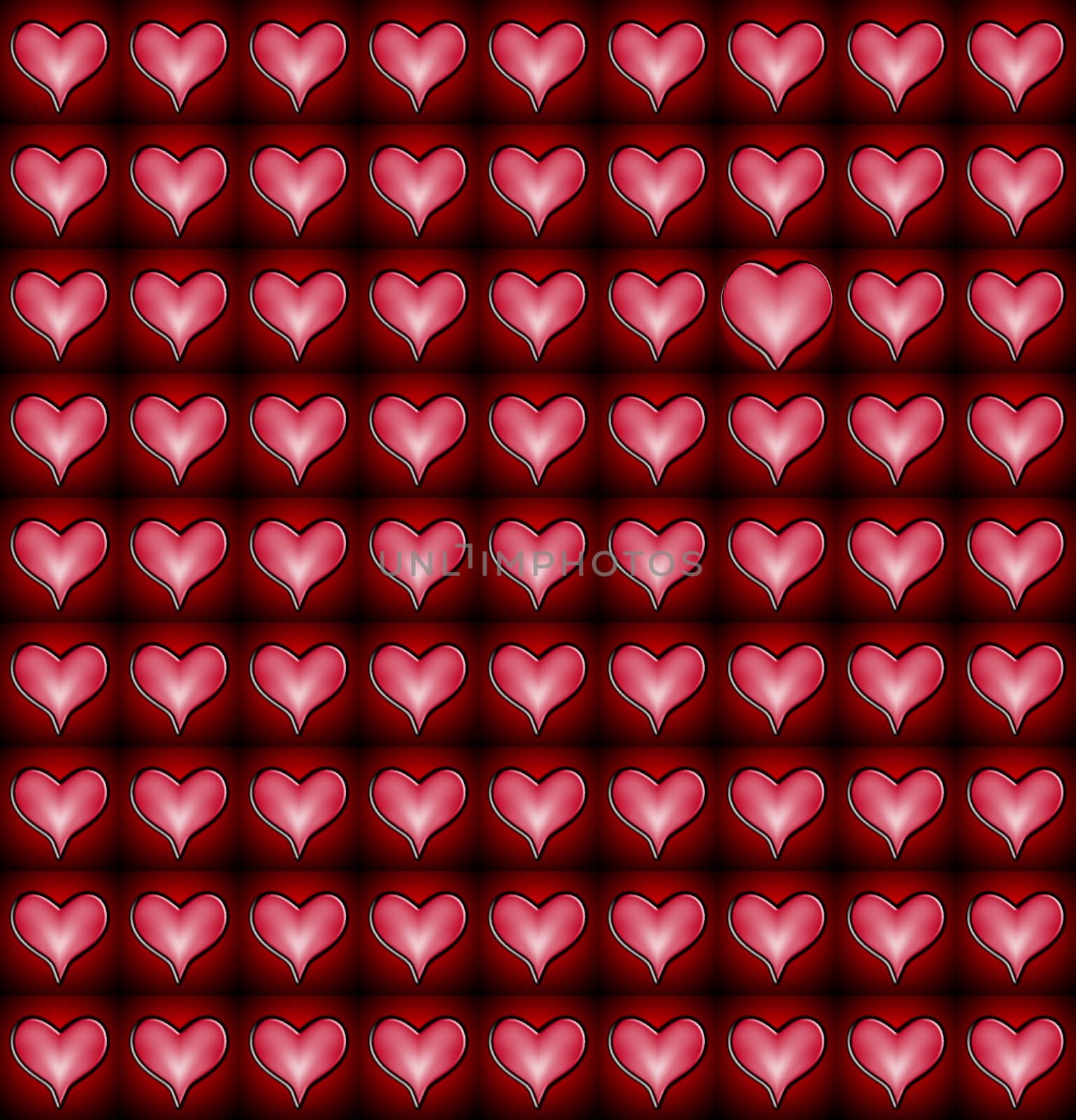 A pattern of love hearts with an odd one within the pattern.