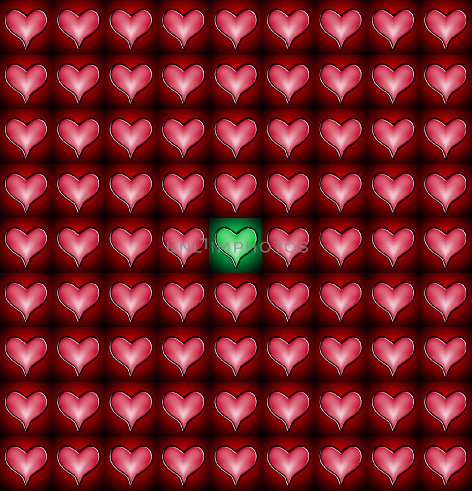 A pattern of love hearts with an odd one within the pattern.