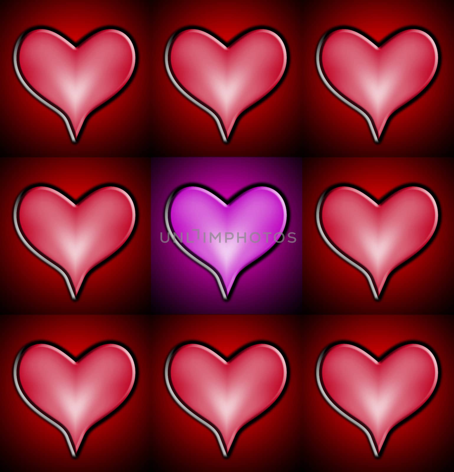 A pattern of love hearts with an odd one within the pattern.