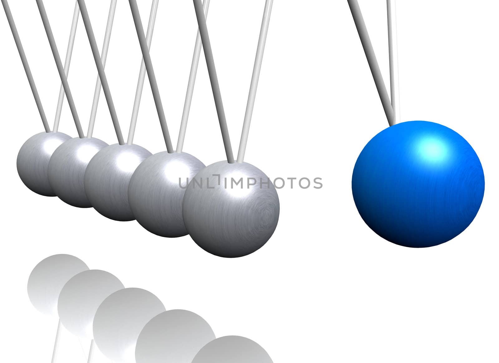 A 3d illustration showing Newton`s cradle. All on white background.