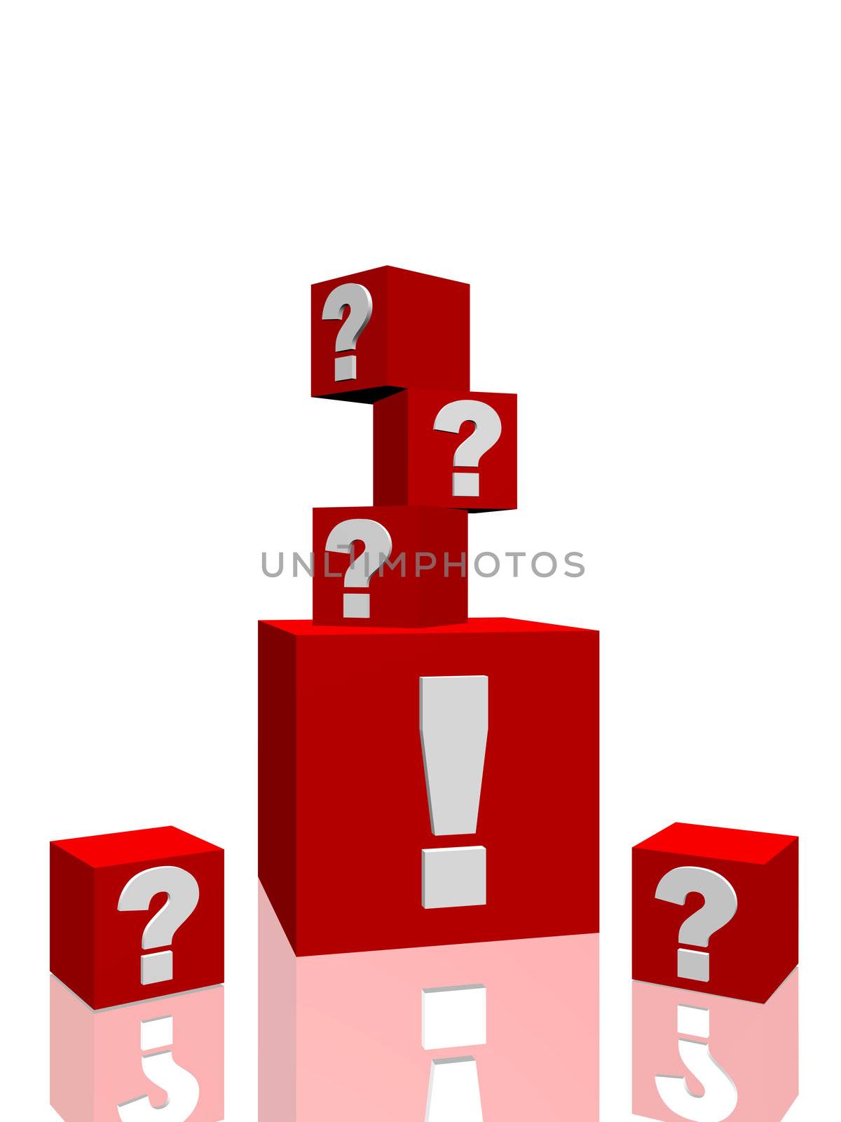 Several red cubes with question marks around a single big one with an exclamation mark. All on white background.